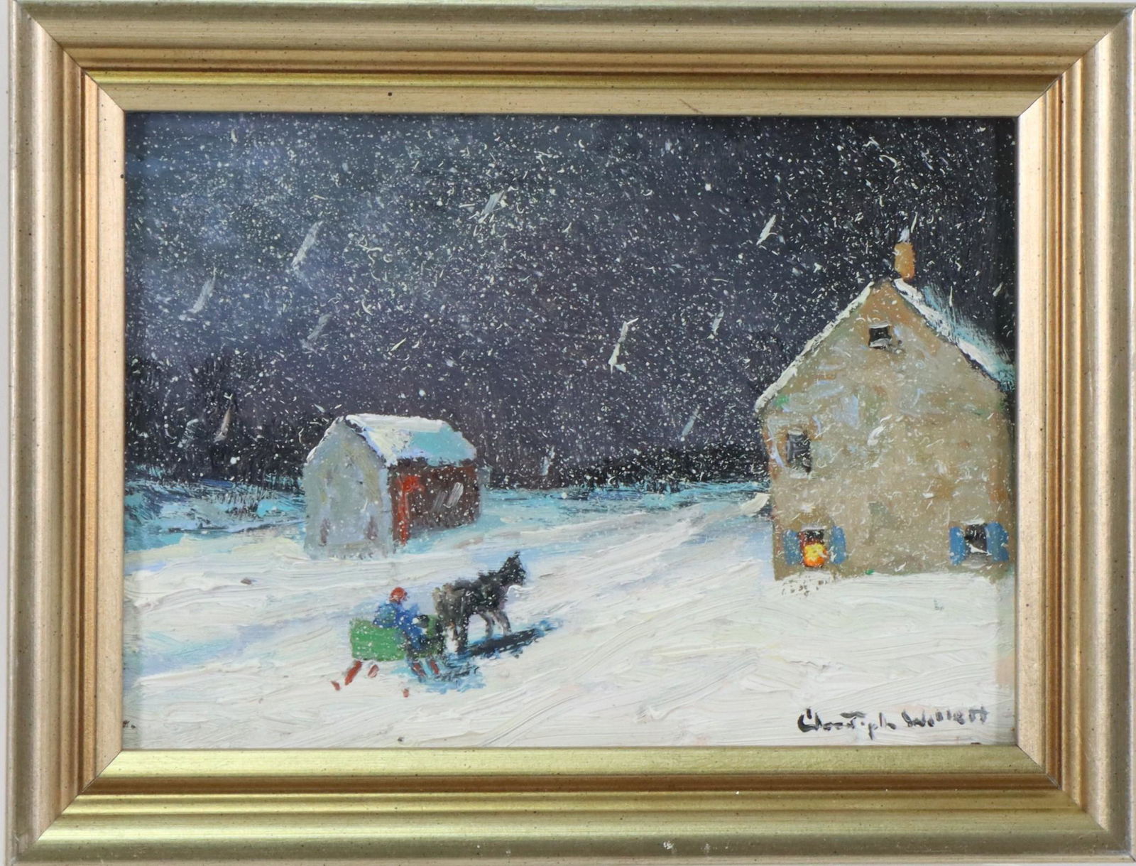 Christopher G. Willett (Born 1959): Oil on board, "Ride Home, Tinicum, Pa", SLR. Snowy nocturne with a horse drawn sleigh returning home. 5"h x 7"w and 6.5"h x 8.5"w **Please Note: This item is NOT eligible for in-house shipping. Please