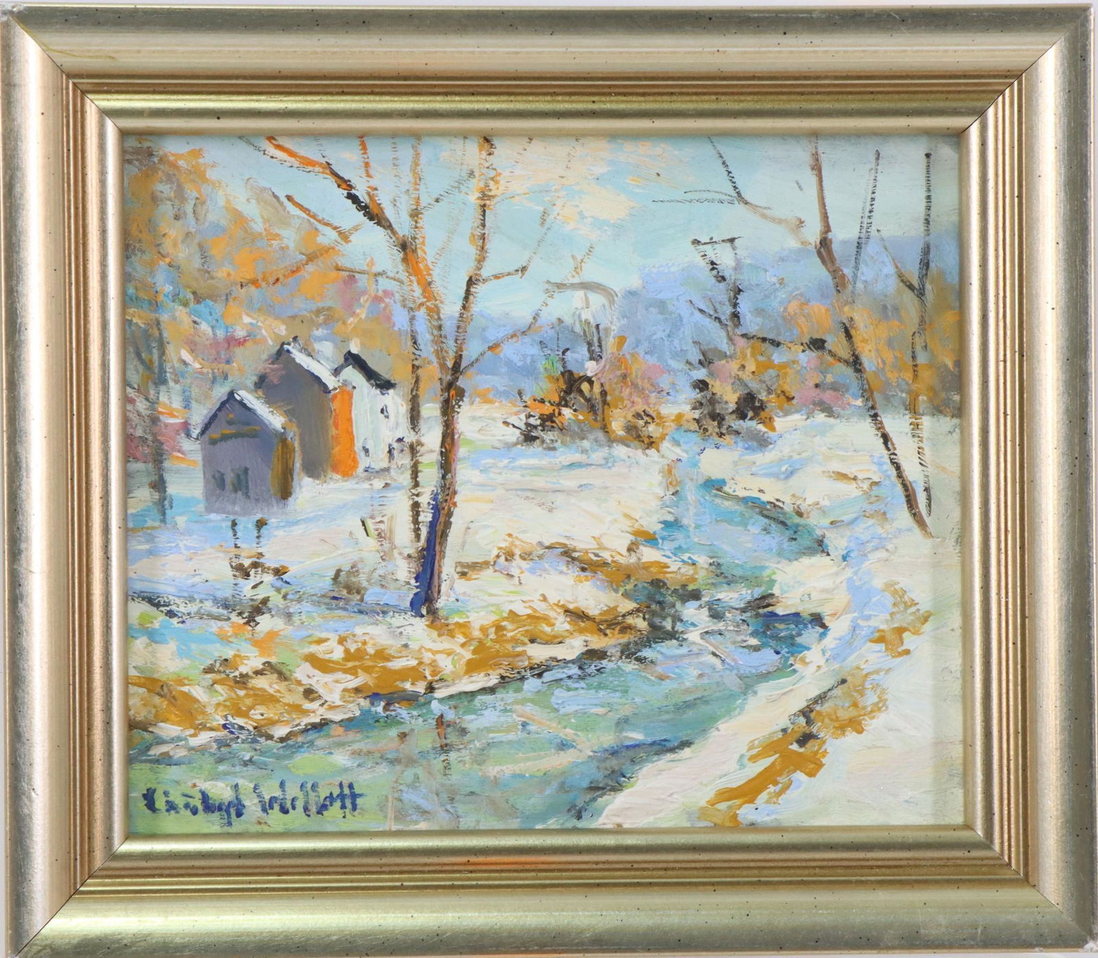 Christopher G. Willett (Born 1959): Oil on board, SLL. Snowy winter landscape. 5"h x 6"w and 6.5"h x 7.5"w **Please Note: This item is NOT eligible for in-house shipping. Please refer to the terms and conditions of this auction for reco