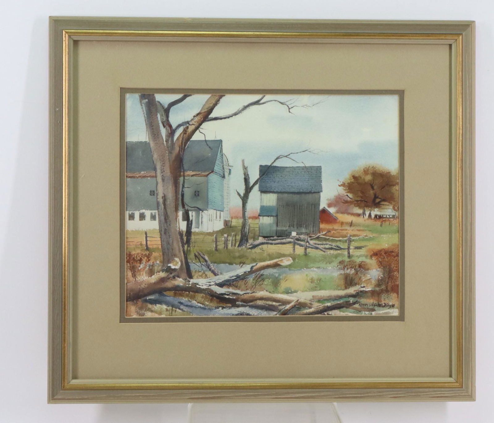 Ranulph Bye (1916 - 2003): Watercolor, "Hilltown Barn, 1967", SLR. Landscape of a barn and outbuildings. 11.5"h x 14"w sight and 20.25"h x 22.5 **Please Note: This item is NOT eligible for in-house shipping. Please refer to the
