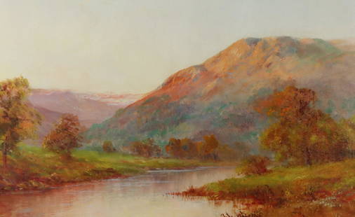 Graham Williams (1895-1950): Oil on canvas, "The Glory of Glen Lochay, Perthshire", SLL, also painted under alias Francis E. Jamieson. Autumn landscape overlooking a valley with mountains in the distance. 16.25"h x 24"w and 23"h