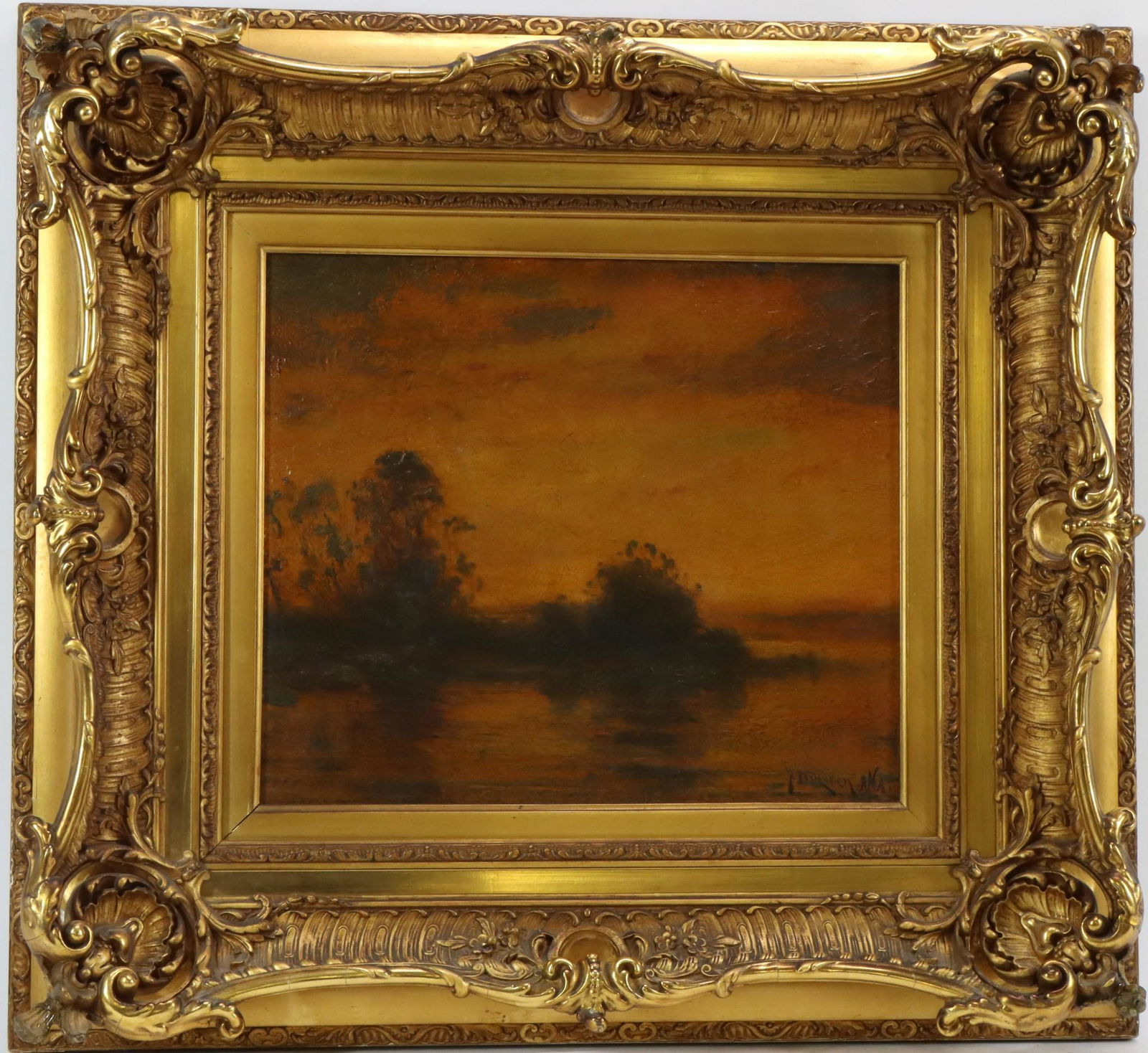 Franklin B. De Haven (1856 - 1934): Oil on board, SLR. Sunset scene on the waters edge. 12"h x 14"w and 22"h x 24"w framed **Please Note: This item is NOT eligible for in-house shipping. Please refer to the terms and conditions of this