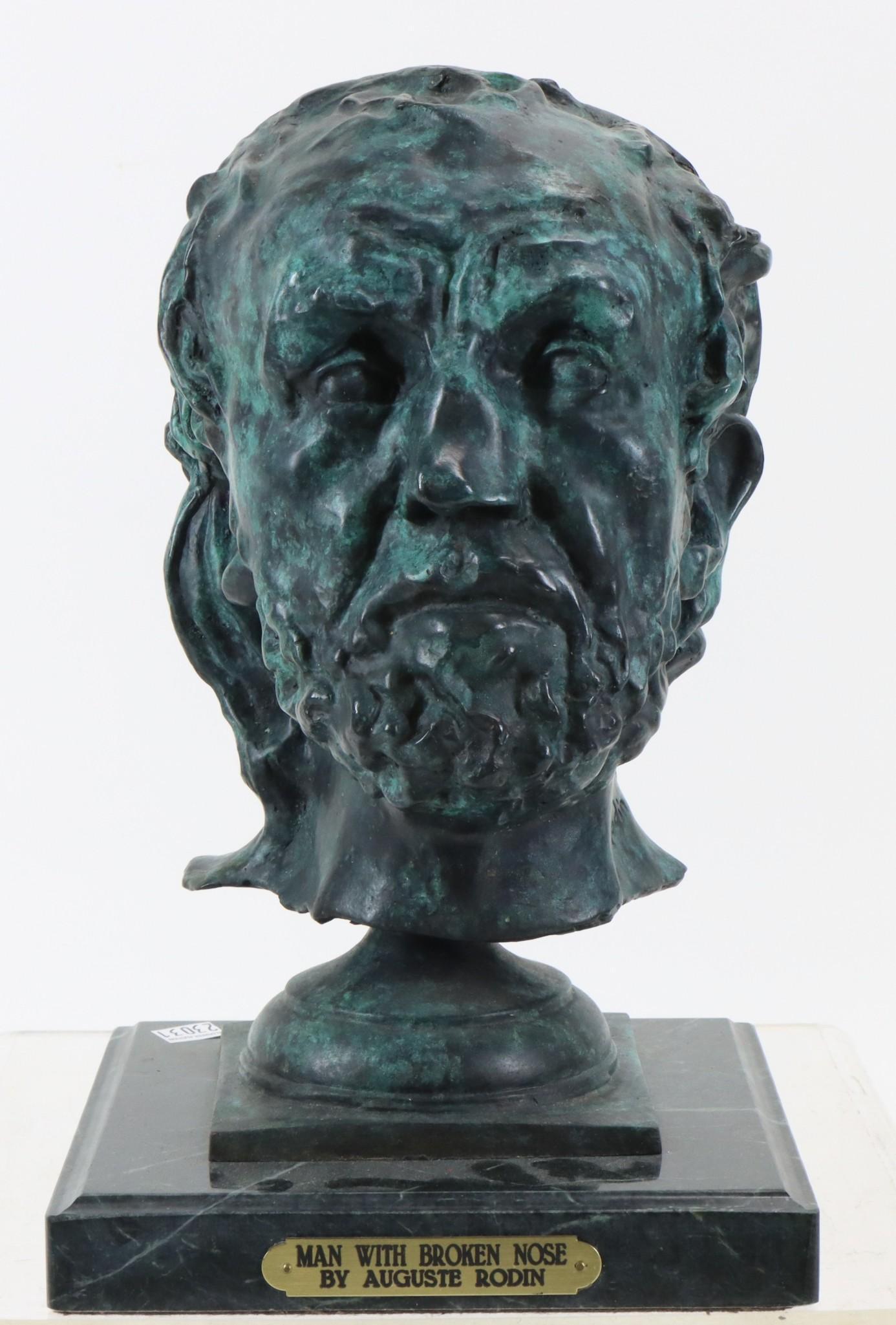 After Auguste Rodin (1840-1970): Patinated bronze sculpture mounted to marble, "Man with Broken Nose", bears signature, also with nameplate. 12.5"h x 8"w x 8"d **Please Note: This item is NOT eligible for in-house shipping. Please re