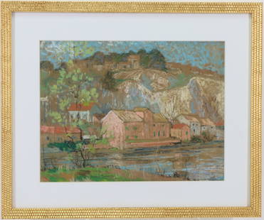 Albert Van Nesse Greene (1887 - 1971): Pastel, SLR. Landscape scene overlooking a mill on the water. 9.25"h x 12.25"w and 14.5"h x 17.5"w framed **Please Note: This item is NOT eligible for in-house shipping. Please refer to the terms and