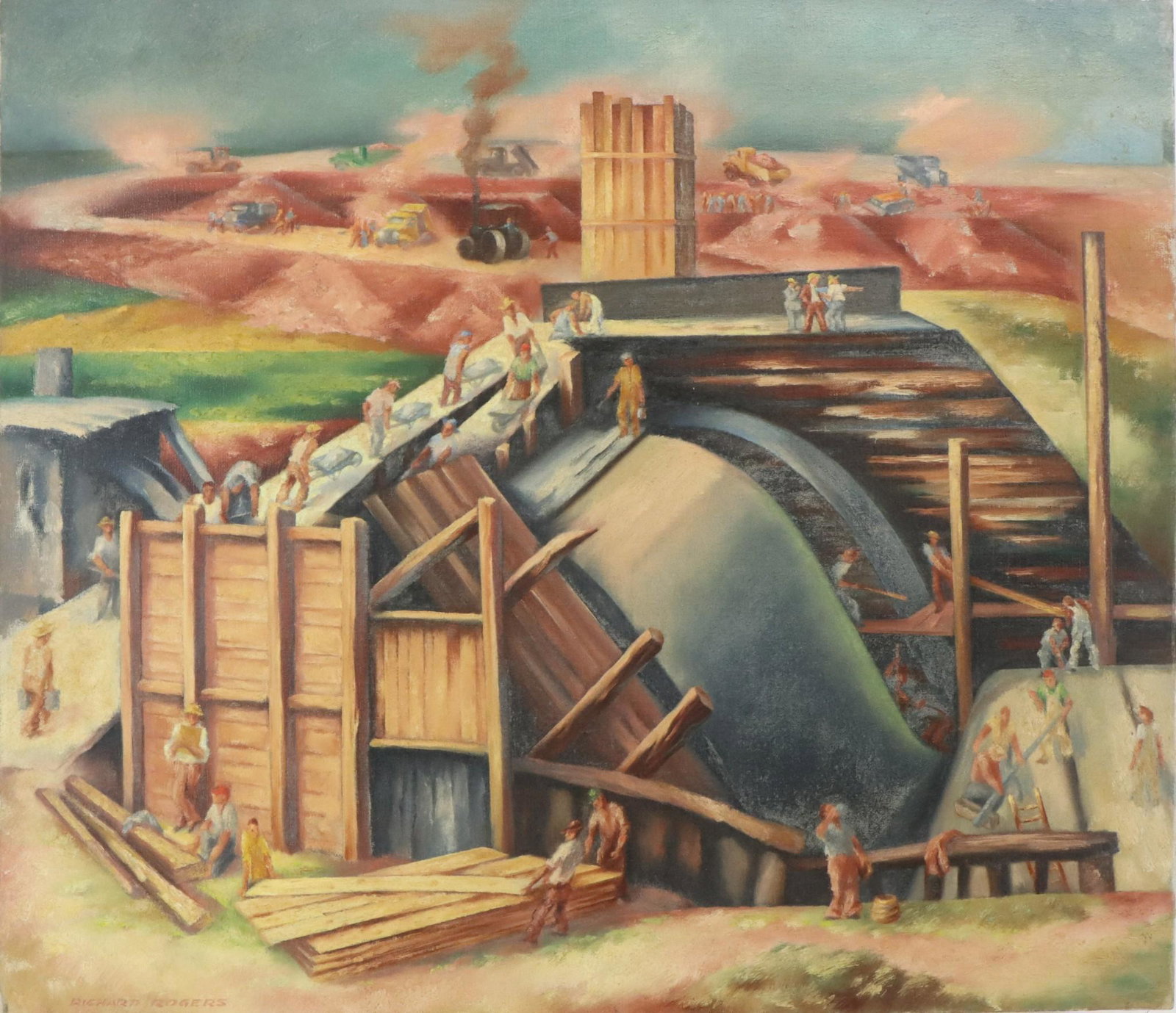 Richard Rogers (1903 - 1967): Oil on canvas, SLL. Industrial WPA style scene of workers constructing a dam. 26"h x 30"w **Please Note: This item is NOT eligible for in-house shipping. Please refer to the terms and conditions of th