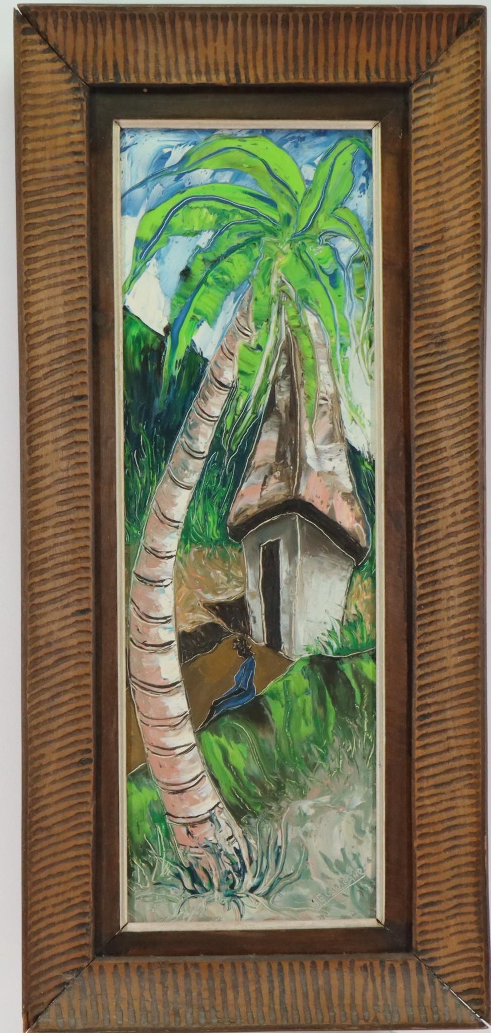 Jacques-Enguerrand Gourgue (1930 - 1996): Oil on board, SLR. Tropical landscape with figure sitting under a palm tree. 24"h x 8"w and 29.5"h x 13.75"w framed **Please Note: This item is NOT eligible for in-house shipping. Please refer to the 