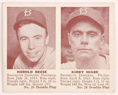 1942 Double Play Pee Wee Reese rookie card: LA Dodgers Hall of Fame shortstop Pee Wee Reese & pitcher Kirby Higbe 1942 Double Play #23-24 rookie baseball card (sharp corners, very nice centering, no creases, wax pack fresh, investment quality)