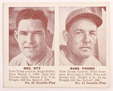 1942 Double Play Mel Ott baseball card: New York Giants Hall of Fame outfielder Mel Ott &1st baseman Babe Young 1942 Double Play #31/32 baseball card (sharp corners, good centering, no creases, wax pack fresh, investment quality)