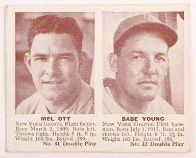 1942 Double Play Mel Ott baseball card: New York Giants Hall of Fame outfielder Mel Ott &1st baseman Babe Young 1942 Double Play #31/32 baseball card (sharp corners, good centering, no creases, wax pack fresh, investment quality)