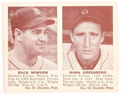 1942 Double Play Hank Greenberg baseball card: Detriot Tigers Hall of Fame outfielder Hank Greenberg & left fielder Buck Newsom 1942 Double Play #51/52 baseball card (sharp corners, excellent centering, no creases, wax pack fresh, investment