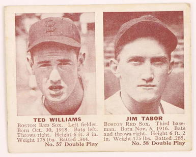 1942 Double Play Ted Williams baseball card: Boston Red Sox Hall of Fame outfielder Ted Williams & 3rd Baseman JIm Tabor 1942 Double Play #57/58 baseball card (very nice corners, nice centering, no creases, investment quality)