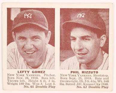 1942 Double Play Phil Rizzuto rookie basball card: New York Yankees Hall of Fame pitcher Lefty Gomez & Hall of Fame short stop Phil Rizzuto (rookie) 1942 Double Play #61/62 baseball card (very nice corners, excellent centering, no creases, wax pack