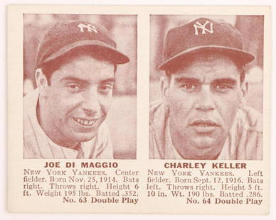 1942 Double Play Joe Di Maggio baseball card: New York Yankees Hall of Fame outfielder Joe Di Maggio & outfielder Charley Keller 1942 Double Play #63/64 baseball card (sharp corners, good centering, no creases, wax pack fresh, investment quality)