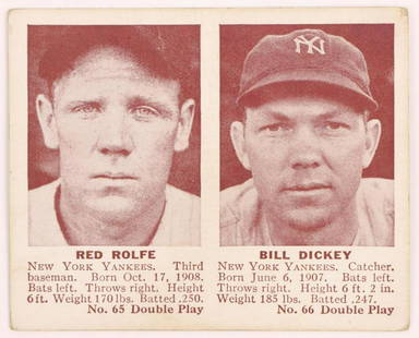 1942 Double Play Bill Dickey baseball card: New York Yankees 3rd baseman Red Rolfe & Hall of Fame catcher Bill Dickey 1942 Double Play #65/66 baseball card (good corners, nice centering, no creases, investment quality)