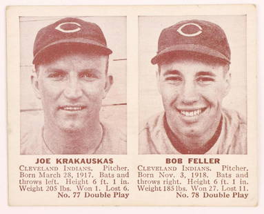 1942 Double Play Bob Feller baseball card: Cleveland Indians pitcher Joe Krankauskas & Hall of Fame Pitcher Bob Feller 1942 Double Play #77/78 baseball card (sharp corners, very good centering, no creases, wax pack fresh, investment quality)