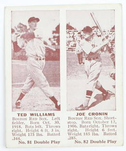 1942 Double Play Ted Williams baseball card: Boston Red Sox Hall of Fame outfielder Ted Williams & Hall of Fame shortstop Joe Cronin 1942 Double Play #81/82 baseball card (very nice corners, very nice centering, no creases wax pack fresh,