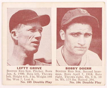 1942 Double Play Lefty Grove baseball card: Boston Red Sox Hall of Fame pitcher Lefty Grove & Hall of Fame 2nd Baseman Bobby Doerr 1942 Double Play #105/106 baseball card (nice corners, good centering, no creases, wax pack fresh, investment