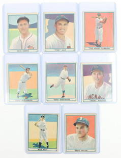 1941 Play Ball baseball cards: 1941 Play Ball baseball cards: #1 Miller, #2 West, #3 Walters Jr., #4 Derringer, #5 McCormick (creased vertically), #7 Danning, #9 May & #11 Garms (no creases unless noted, VG-EX, investment quality)