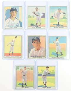 1941 Play Ball baseball cards: 1941 Play Ball baseball cards: #12 Brown, #16 Trosky, #17 Weatherly, #21 Keller, #22 Johnson (vertical crease at center), #23 McQuinn, #24 Leonard & #25 Moore (no creases unless noted, VG-EX,