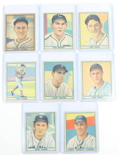 1941 Play Ball baseball cards: 1941 Play Ball baseball cards: #26 Gumbert, #27 Young (1/2" crease top left corner), #28 Marty, #29 Wilson, #30 Finney, #31 Kuhel, #32 Wright & #33 Milnar (no creases unless otherwise noted, VG-EX, in