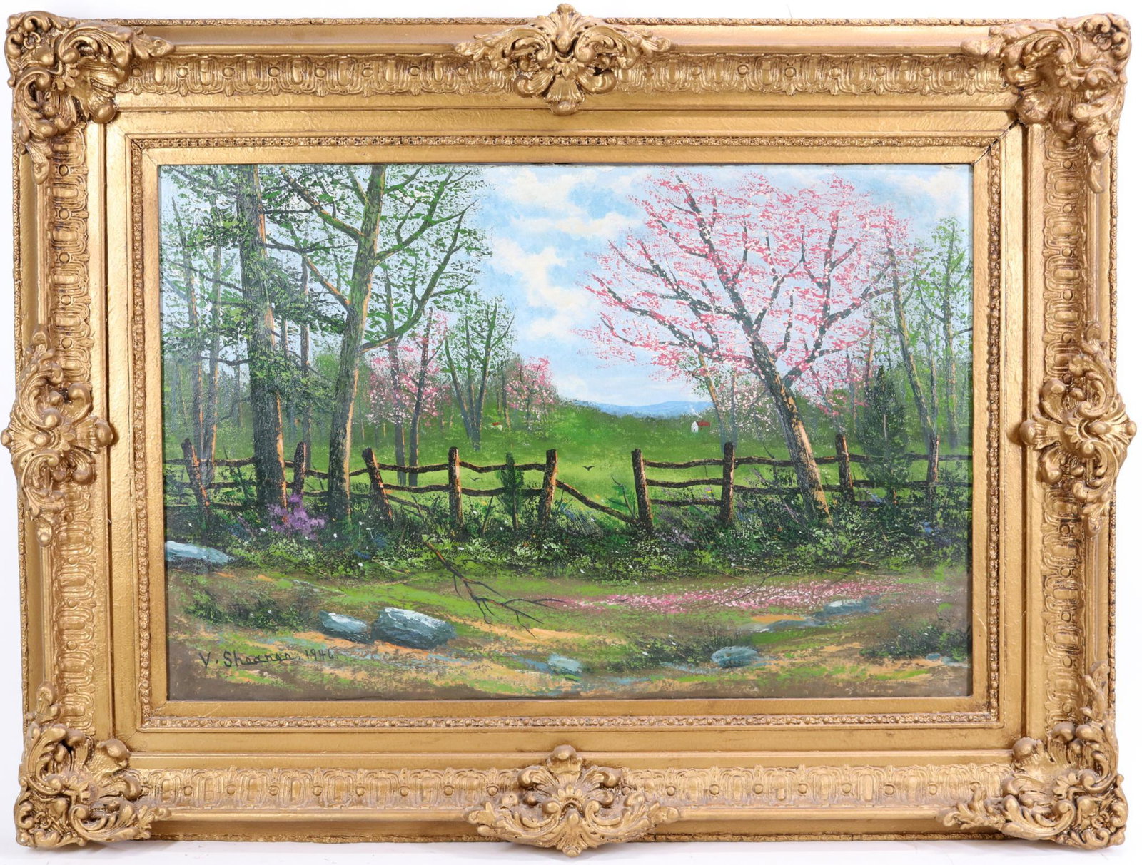 Victor Shearer (1872 - 1951): Oil on canvas, SDLL 1946. Spring landscape with cottages. 19.75"h x 29.75"w and 29.75"h x 39.75"w framed **Please Note: This item is NOT eligible for in-house shipping. Please refer to the terms and c