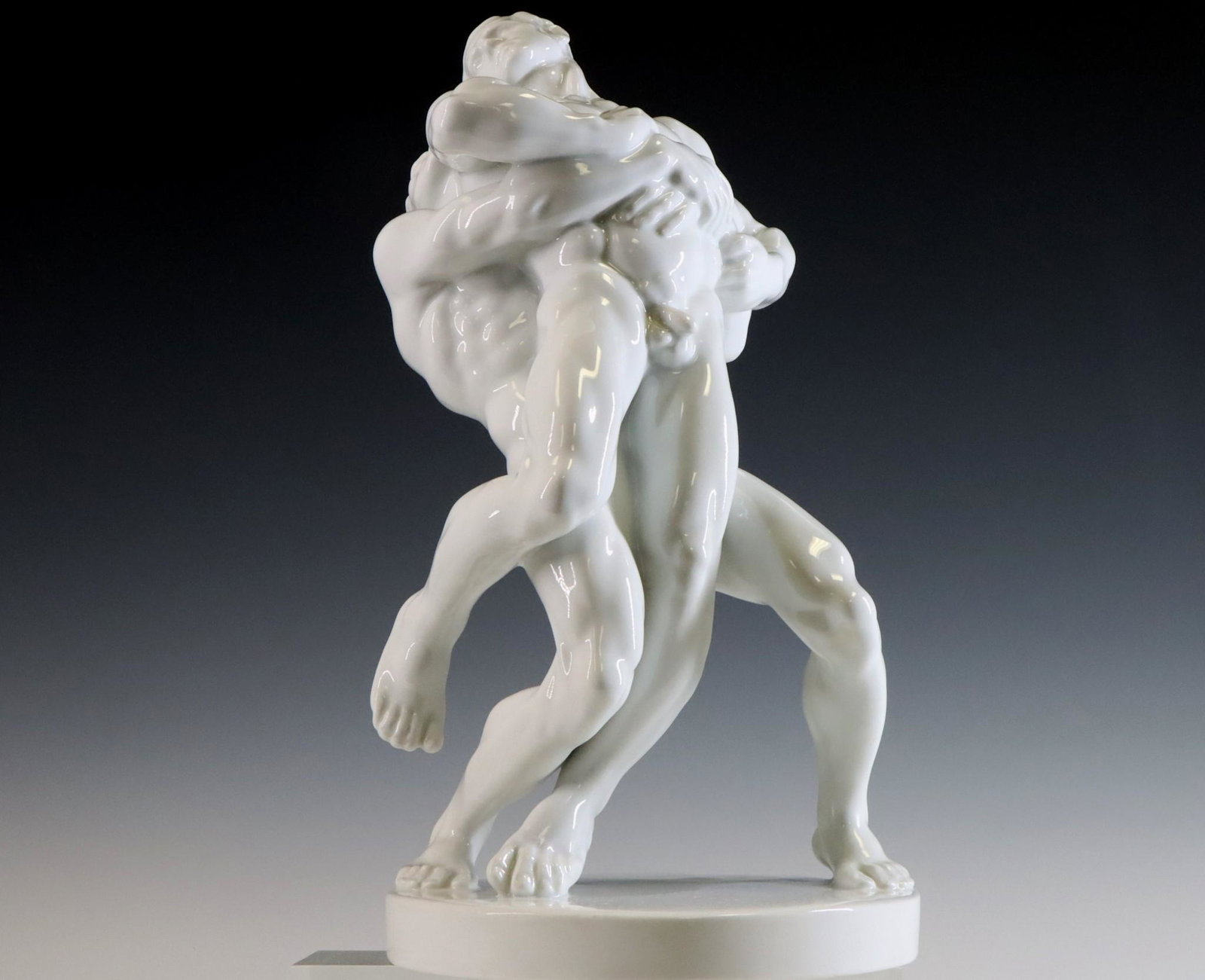 Herend "Wrestlers" Porcelain Sculpture: Hungarian porcelain sculpture designed by Bela Pankotai Farkas for the 1936 Berlin Olympics, impressed "p. Farkas B." on the base, contemporary stamped Herend mark and impressed "Herend 5788" at the f
