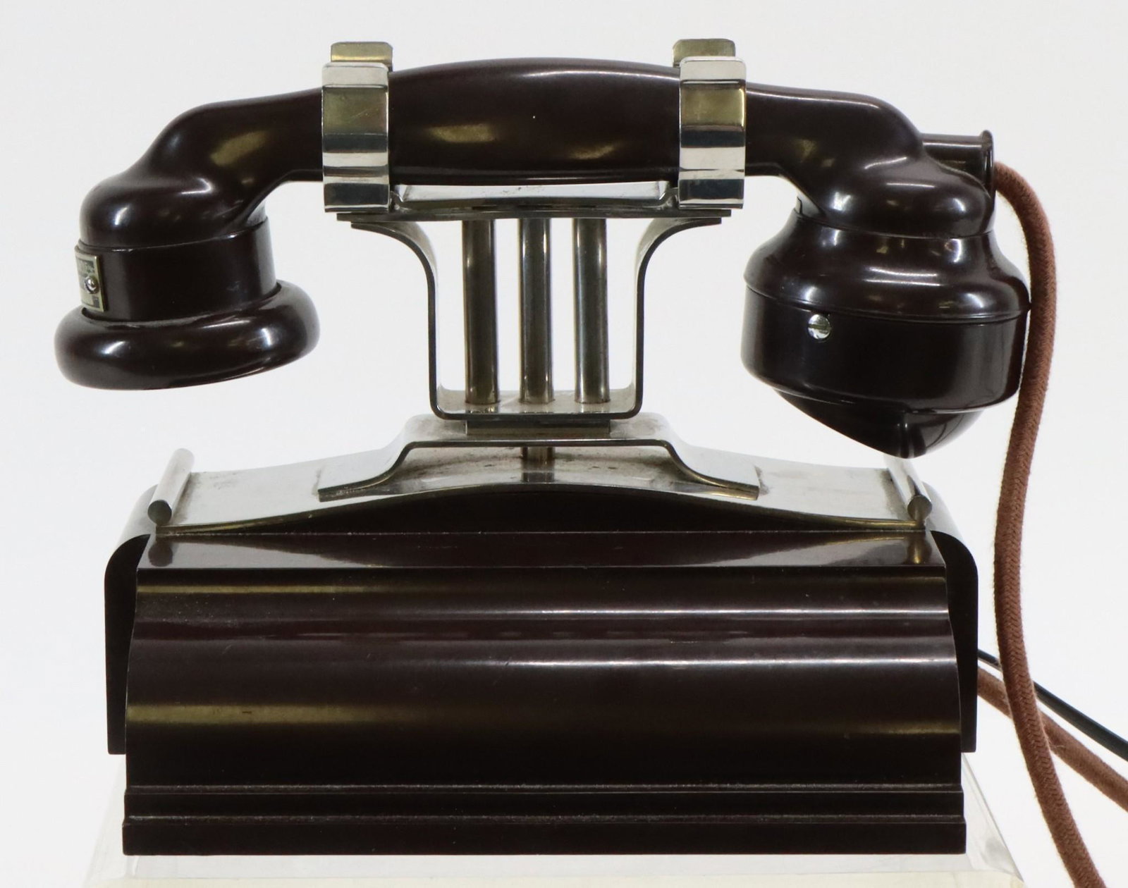 Le Materiel Telephonique, SS Normandie Telephone: Art Deco cabin telephone from the French ocean liner SS Normandie. Bakelite and chrome, with tags on the receiver and base reading "Le Materiel Telephonique, Boulogne-Billancourt, Combine 3013", and "