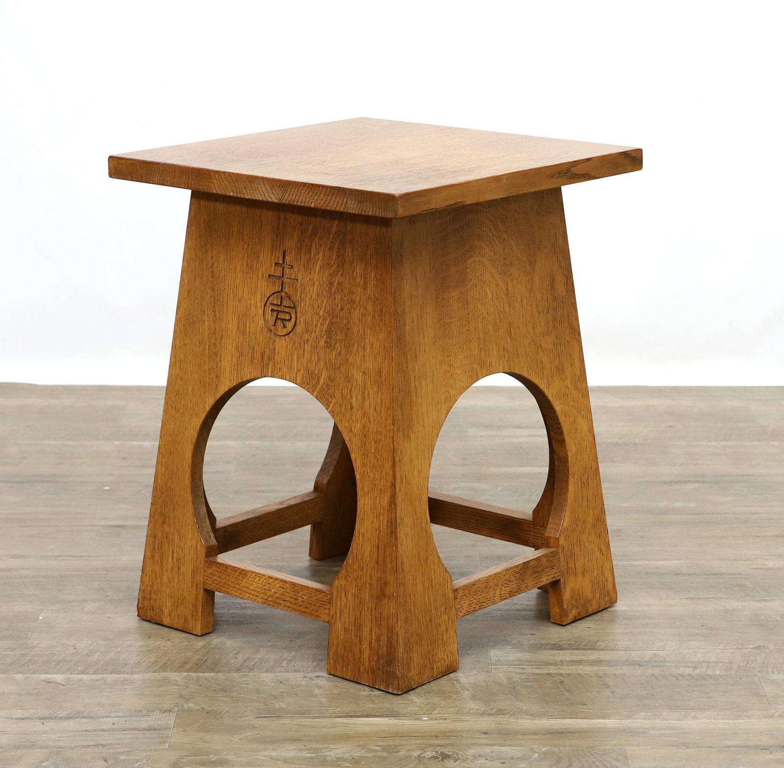 Roycroft Tabouret by Stickley: Quarter-sawn oak stool or cocktail table, Roycroft Tabouret, Mission Collection by Stickley, with Roycrodt orb, Stickley brand and label, dated 1997. 20.5"h x 16"w x 16"d **Please Note: This item is N
