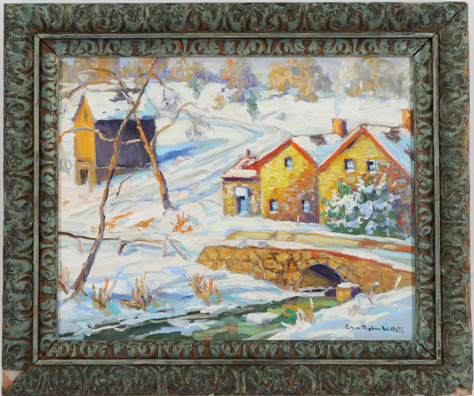 Christopher G. Willett (Born 1959): Oil on board, "Early Morning, Carversville, Bucks County, PA", SLR. Snowy winter landscape with a view of a stone arch bridge. 12"h x 15.25"w and 15.75"h x 18.75"w framed