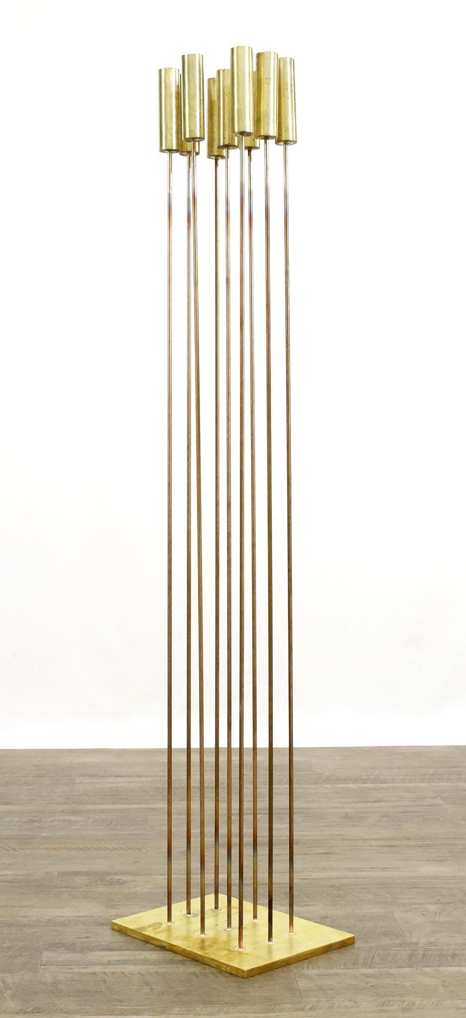 Val Bertoia (Born 1949): Sonambient sculpture, "Tug or Hug for Sounds", B-2590. Sounding sculpture with 9 "cat-tail" tops of brass silvered to beryllium-copper rods that are silvered to a brass base. 40"h x 9"w x 7"w **Please