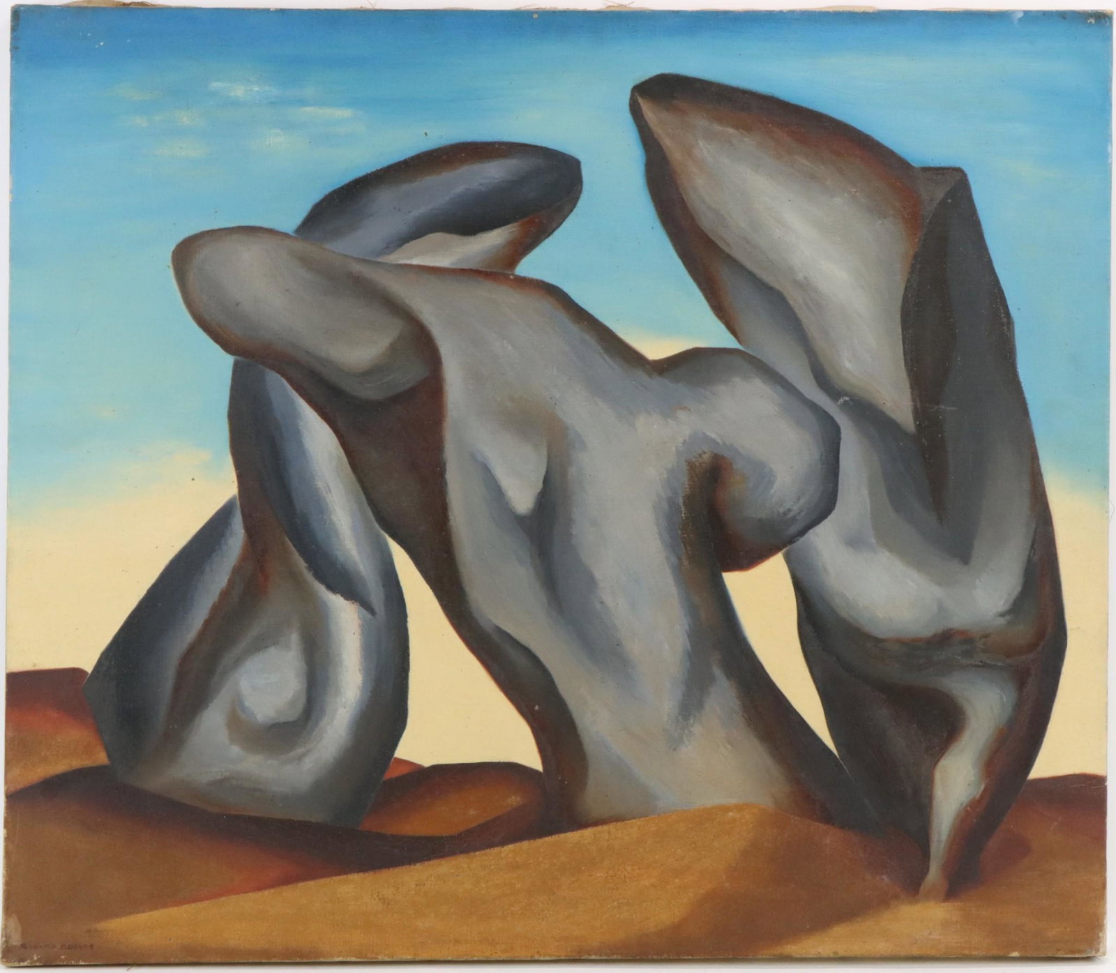 Richard Rogers (1903 - 1967): Oil on canvas SLL. Surreal landscape. 26"h x 30.25"w unframed **Please Note: This item is NOT eligible for in-house shipping. Please refer to the terms and conditions of this auction for recommended s