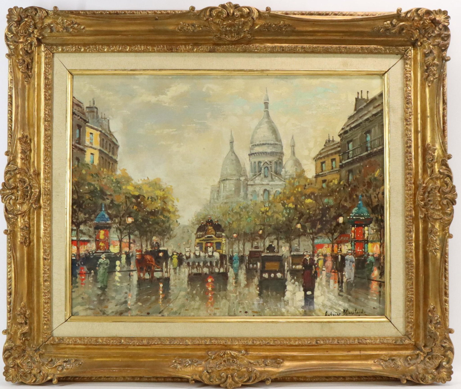 Antoine Blanchard (c.1910 - 1988): Oil on canvas, " Place du Tertre", SLR. Parisian street scene. 18"h x 23"w and 27"h x 32"w framed **Please Note: This item is NOT eligible for in-house shipping. Please refer to the terms and conditio