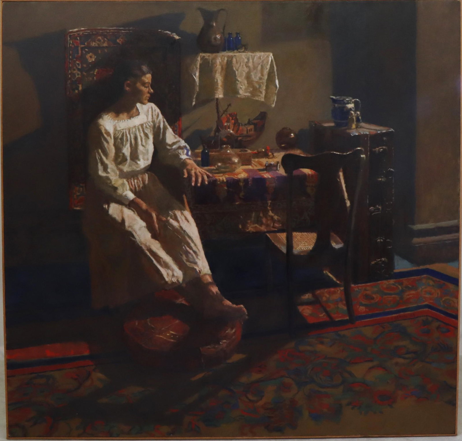 Douglas Ferrin (Born 1959): Oil on canvas, "Interior", SLR. Scene of a contemplative young woman. Retains Lawrence Oliver Gallery tag en verso. 52"h x 54"w **Please Note: This item is NOT eligible for in-house shipping. Please r