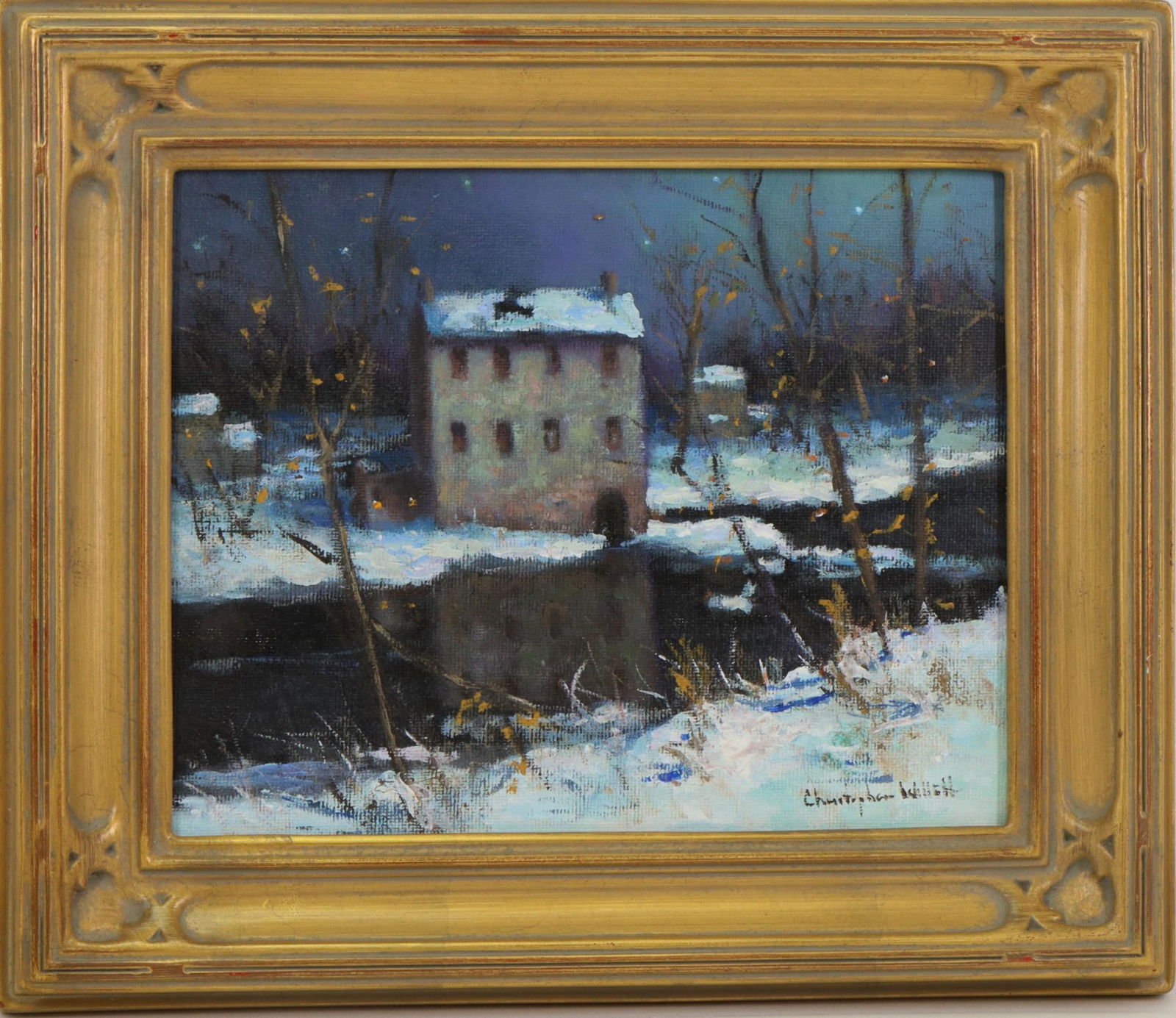 Christopher G. Willett (Born 1959): Oil on board, SLR. Winter nocturne with a stone mill reflecting off the water. 8"h x 10"w and 11.5"h x 13.5" framed