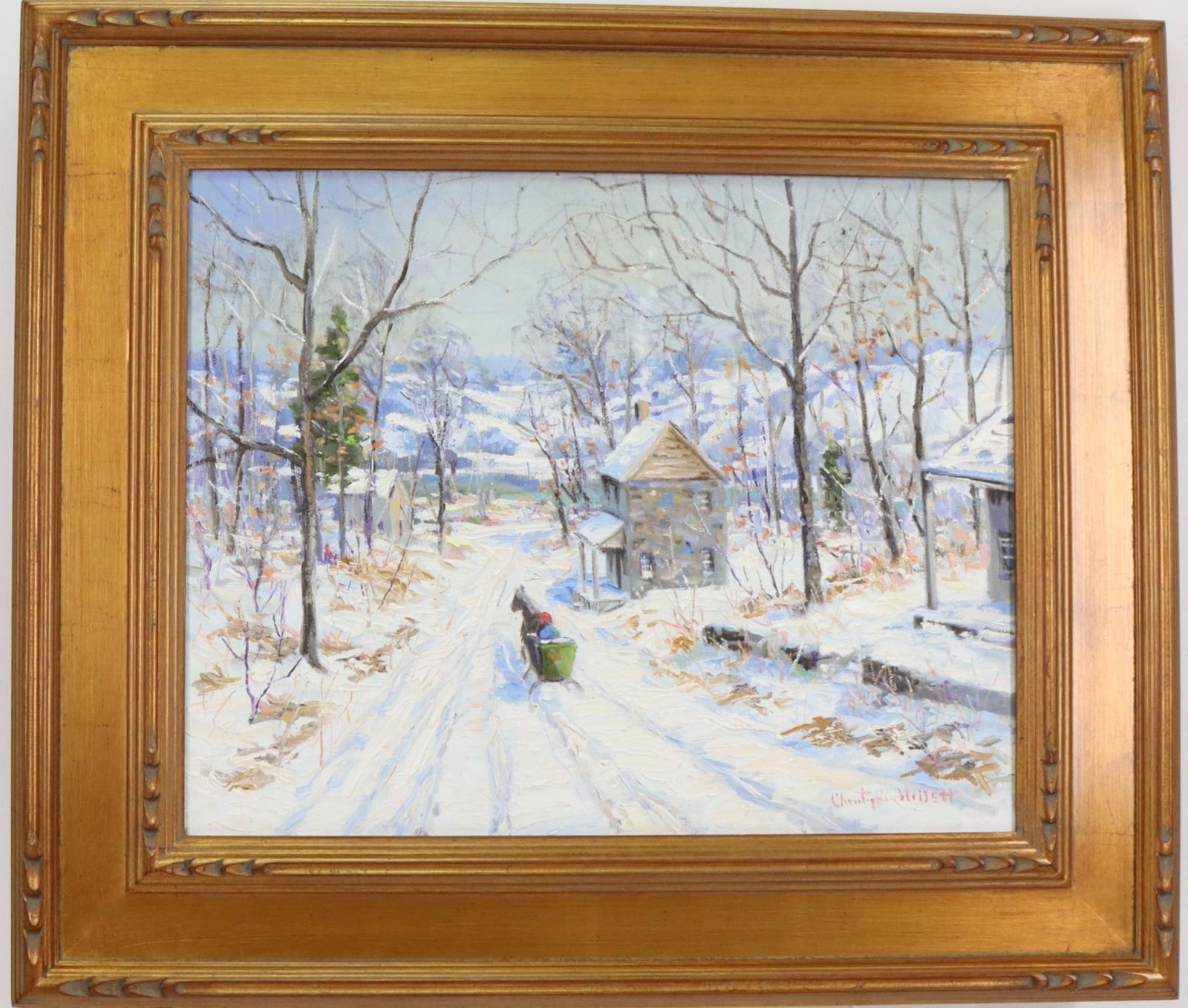 Christopher G. Willett (Born 1959): Oil on canvas, "Road to Dilly's Corner, Bucks County", SLR. Winter snow scene with sleigh. 16"h x 20"w and 23.5"h x 27.5"w framed **Please Note: This item is NOT eligible for in-house shipping. Please