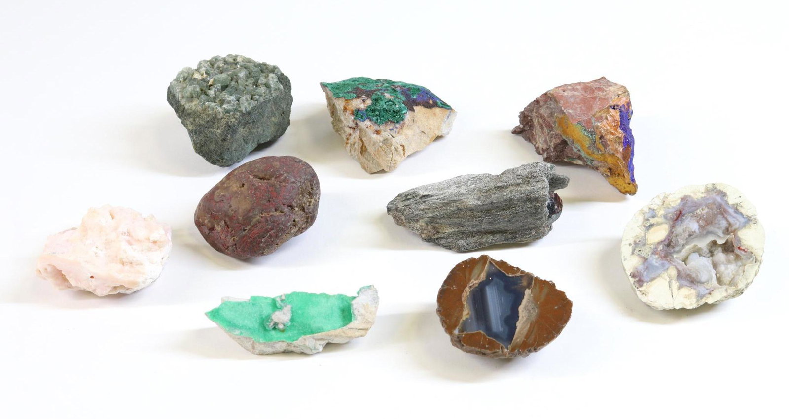 Mineral Specimens: Mineral specimen assortment including chrysoprase, azurite, geodes and more.