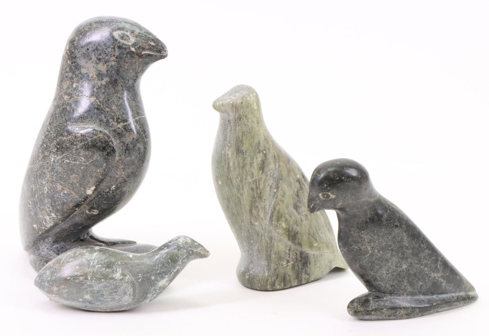 Inuit Carvings: Signed and dated Inuit carvings of birds (4). Largest measures 6”h x 4”w
