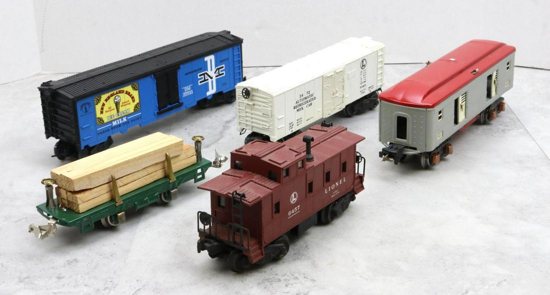 Lionel Trains Prewar and Postwar Cars: Prewar, O gauge, boxcar 602, and lumber car 831 with wood slabs. Postwar, O gauge, Boston and Maine New England Ice Cream operating milk car 37011, milk car 3472, and caboose 6457. Lumber car has alte