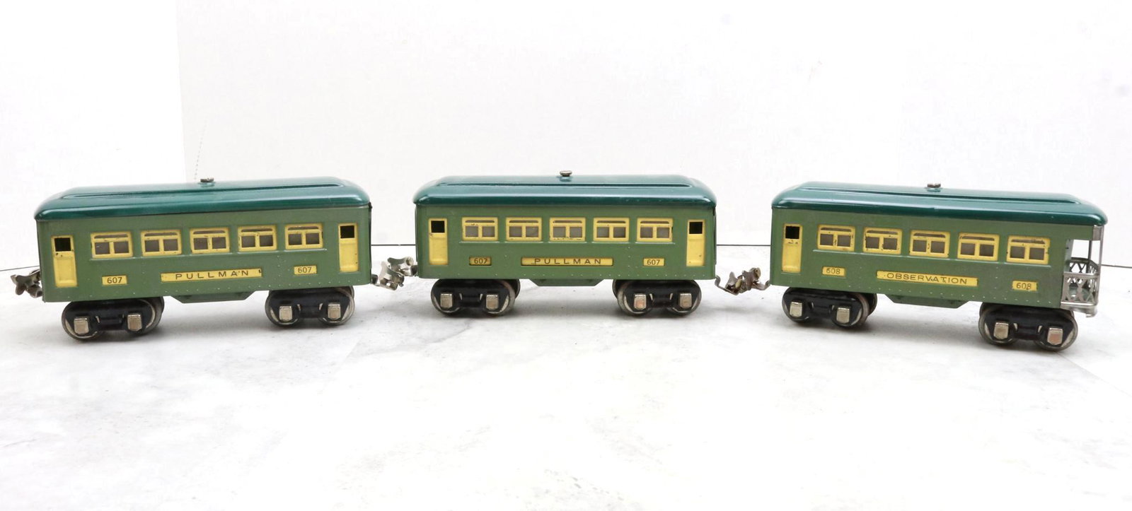 Lionel Trains Prewar Passenger Cars: Prewar, O gauge, Pullman 607 (2) and Observation 608.