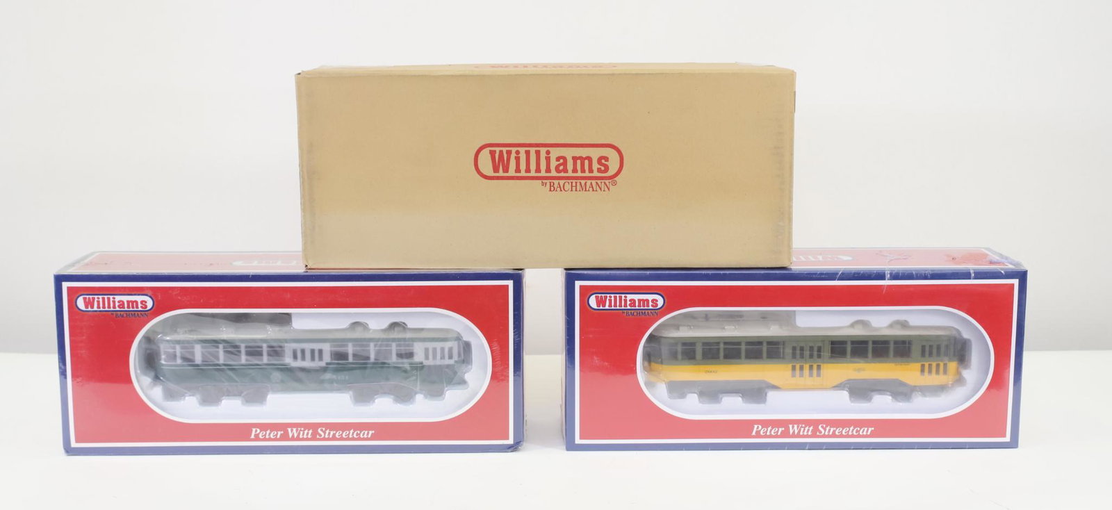 Williams Trains Peter Witt Streetcars: O gauge, Brooklyn and Queens Transit streetcar 23903, Los Angeles Railway streetcar 23905, and Toronto streetcar 23907, with original boxes.