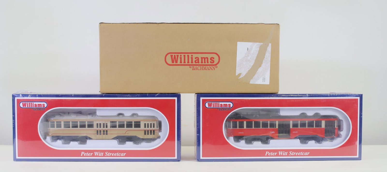 Williams Trains Peter Witt Streetcars: O gauge, Brooklyn and Queens Transit streetcar 23903, St. Louis Railway streetcar 23906, and Cleveland Transit streetcar 23908, with original boxes.