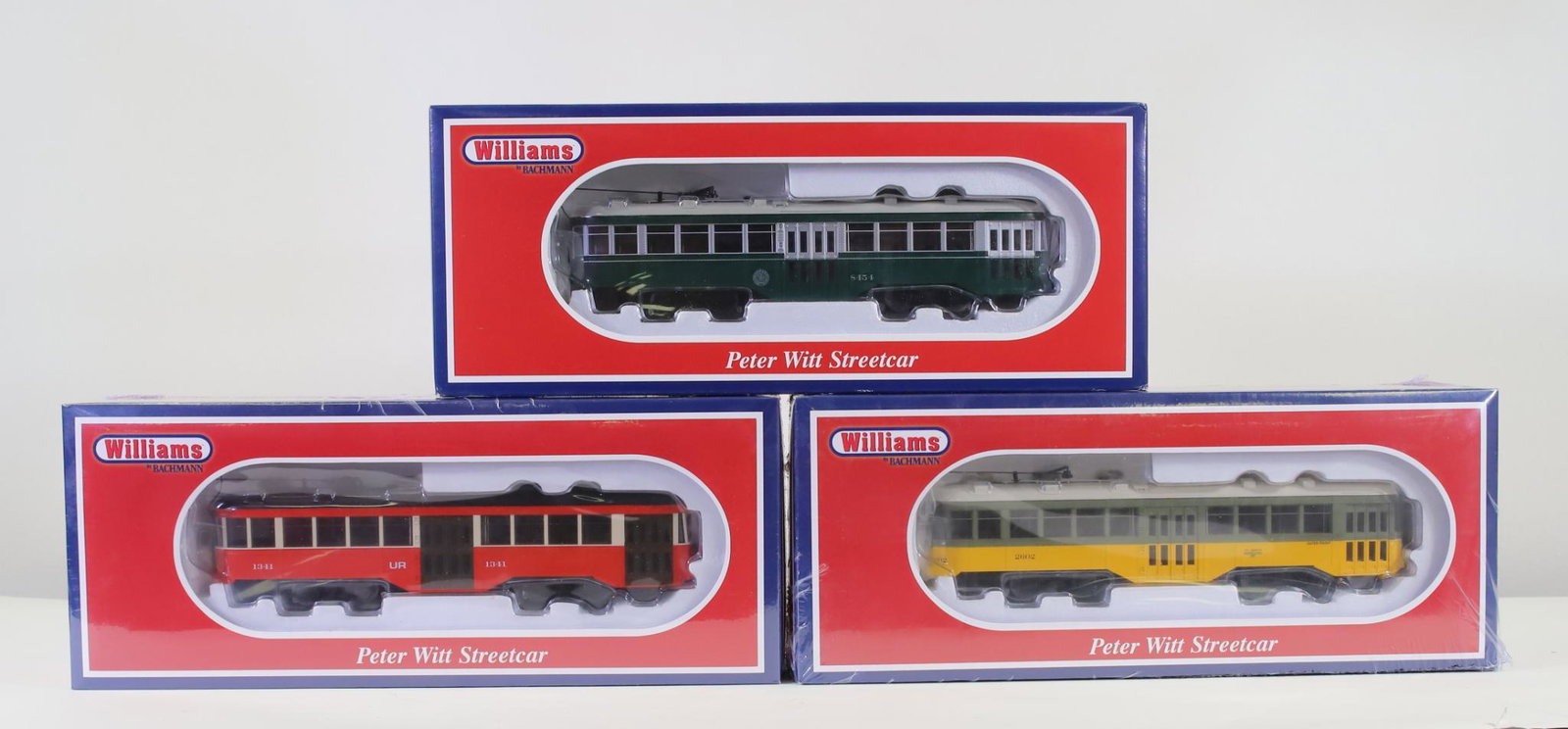Williams Trains Peter Witt Streetcars: O gauge, Brooklyn and Queens Transit streetcar 23903, St. Louis Railway streetcar 23906, and Los Angeles Railway streetcar 23905, with original boxes.