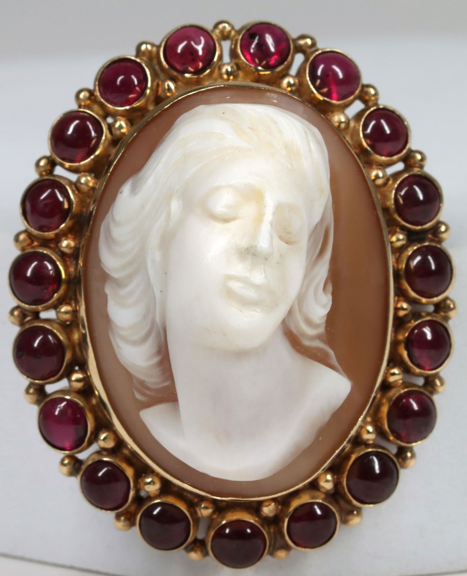 14KY Gold Shell Cameo, Garnet Pin Pendant (1 of 4)