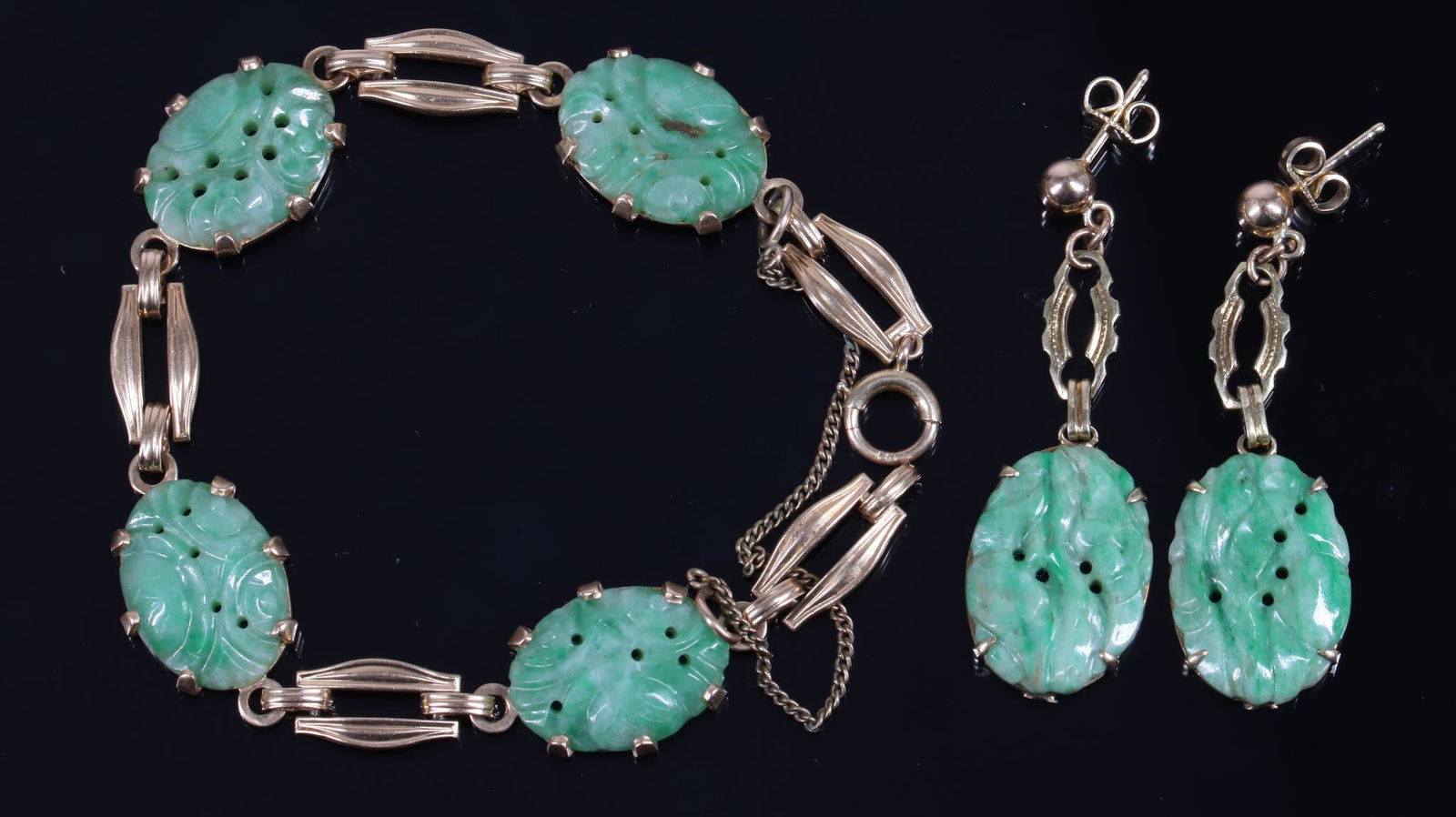 14KY Gold Jade Bracelet, Earrings (1 of 3)