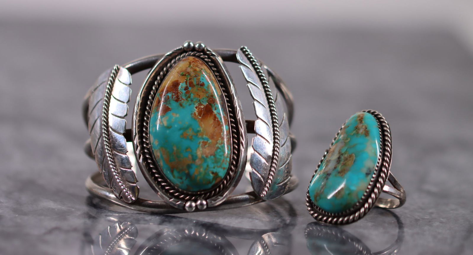 Sterling Silver Turquoise Bracelet, Ring (1 of 8)