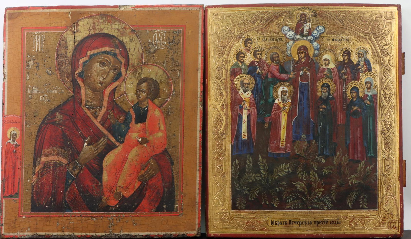 Russian Icons, Theotokos and Virgin Mary with Saints: Tempera and gilding on gesso on panel, late 19th - early 20th century. Icon depicting the Virgin Mary with Selected Saints, hand written notations en verso. Icon depicting Theotokos Mother and Child. 