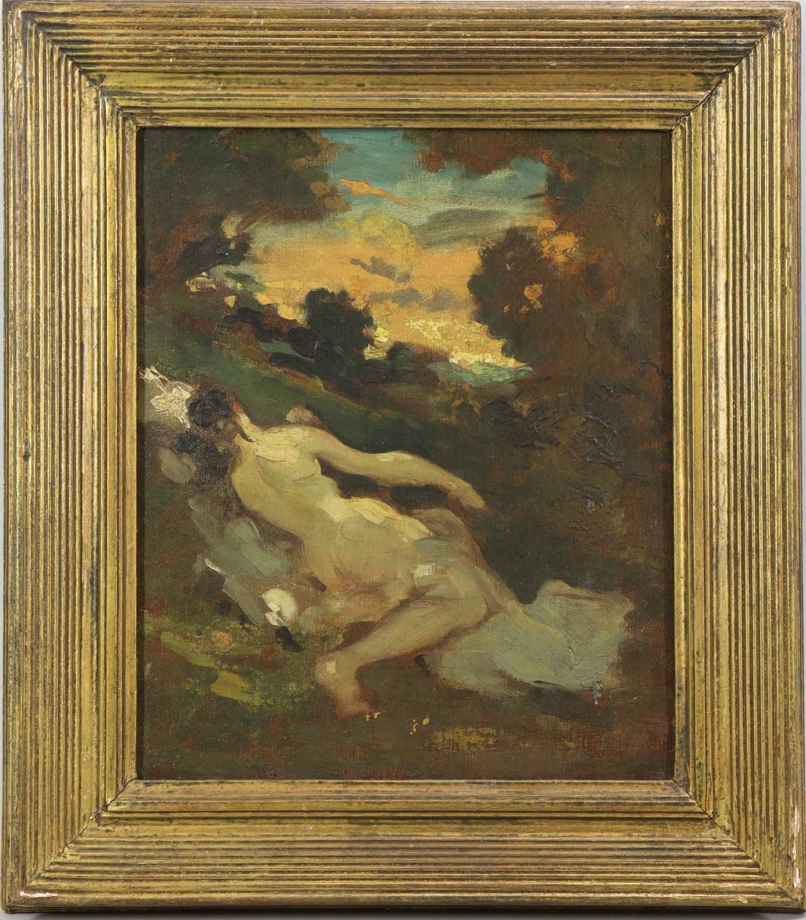 Oil on Canvas: Oil on canvas, unsigned. Impressionist scene with a reclining nude. 12"h x 10"w and 16.5"h x 14.5"w framed