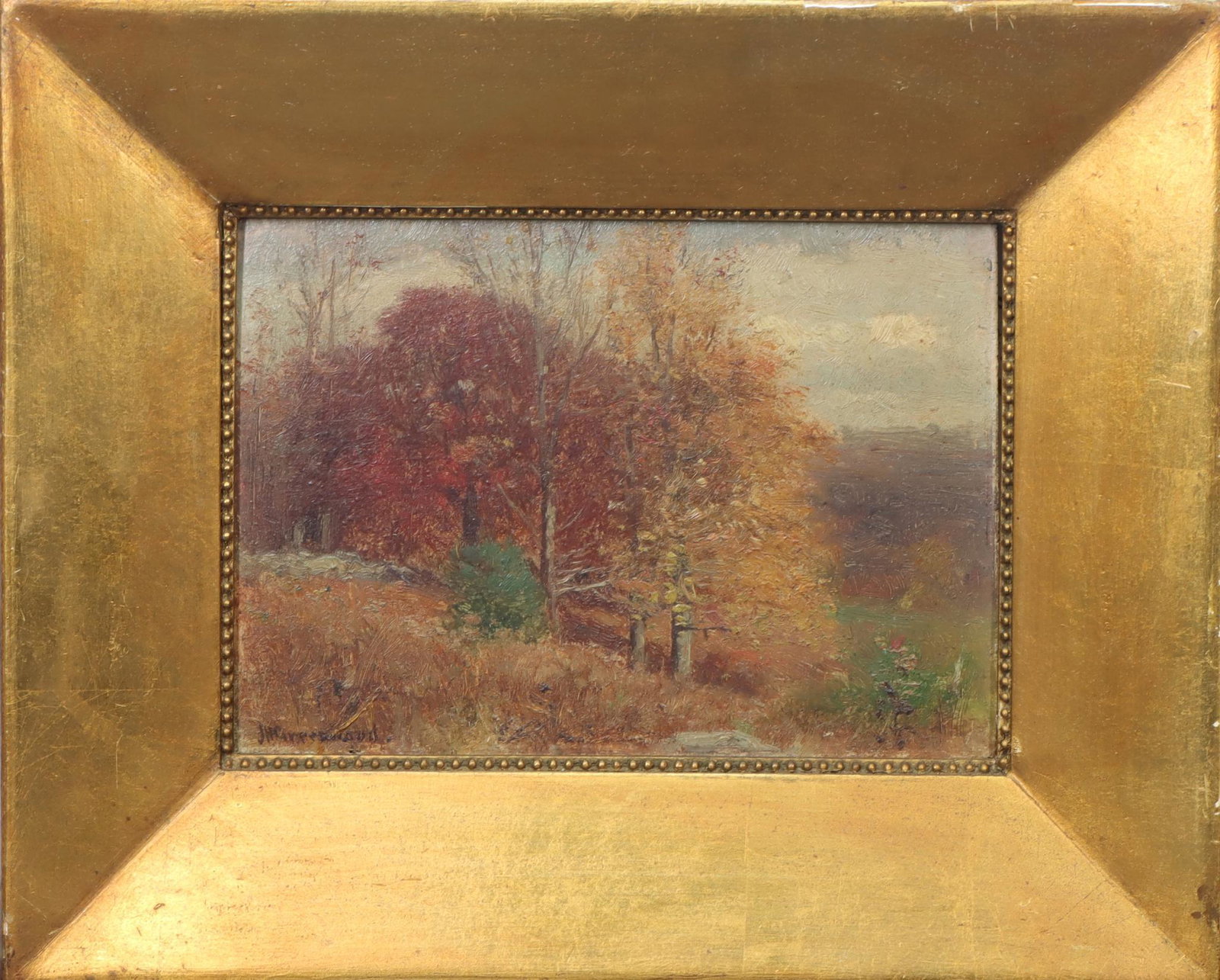 Joseph H. Greenwood (1857 - 1927): Oil on board (cigar box cover), SLL. Autumn landscape. 5.25"h x 7.5"w and 9.5"h x 11.5"w framed