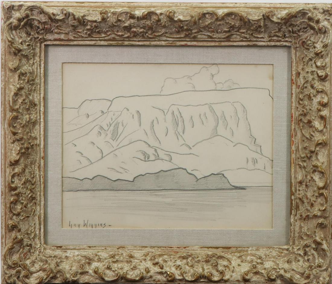 Guy Carleton Wiggins (1883 - 1962): Pencil. SLL. Coastal landscape with a view of cliffs from the water. 7"h x 9"w sight and 12"h x 14"w