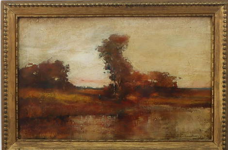 Louis H. Richardson (1853 - 1923): Oil on board, SLR. Autumn landscape with a figure near the waters edge. 9"h x 14"w and 11"h x 16"w