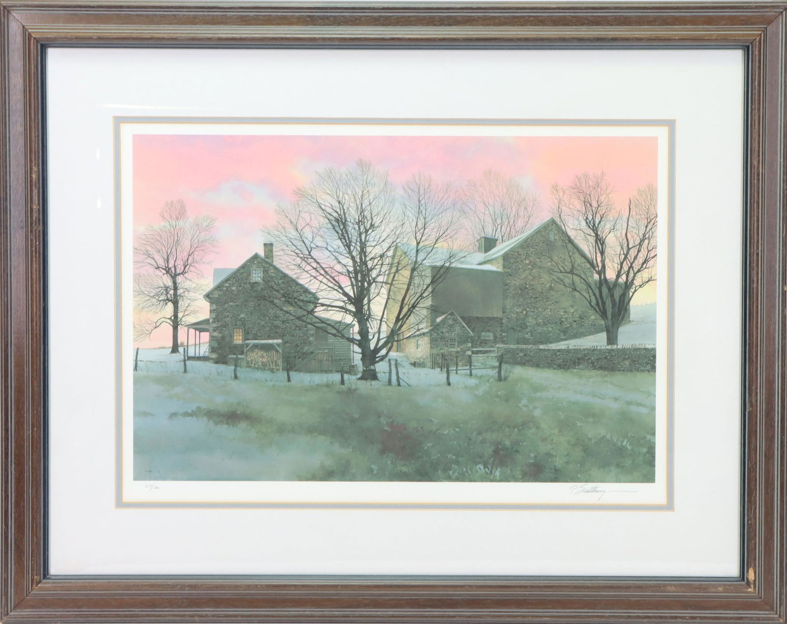 Peter Sculthorpe (Born 1948): Lithograph, SLR and numbered. Winter sunset behind a stone farmhouse and outbuildings. 16"h x 22"w sight and 26"h x 33"w framed **Please Note: This item is NOT eligible for in-house shipping. Please r